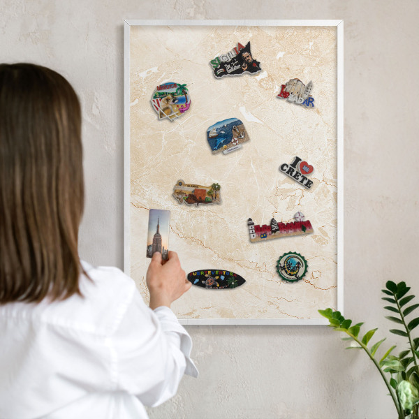 Decorative magnet board with a white frame Delicate marble