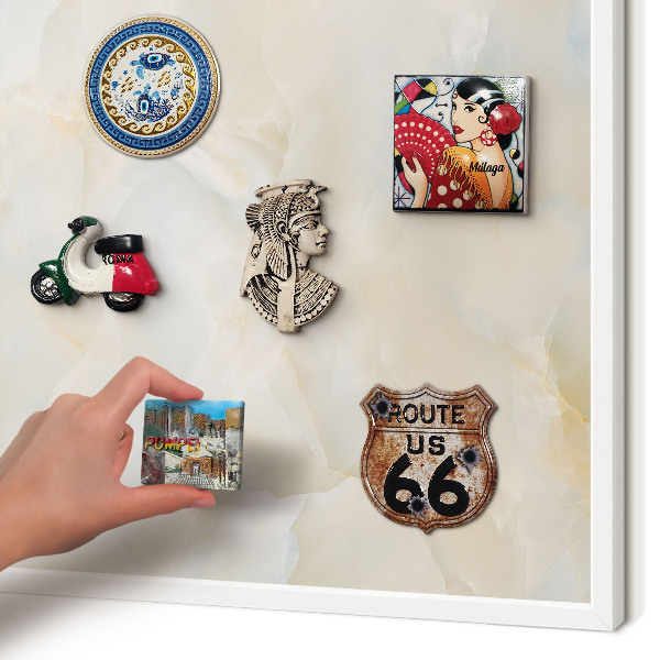 Magnetic board for travel magnets in a white frame Subtle elegance