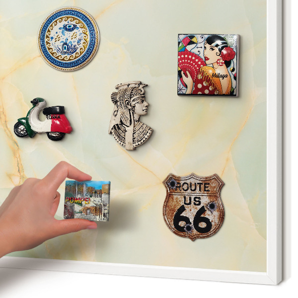 Magnetic board for travel magnets in a white frame Marble elegance