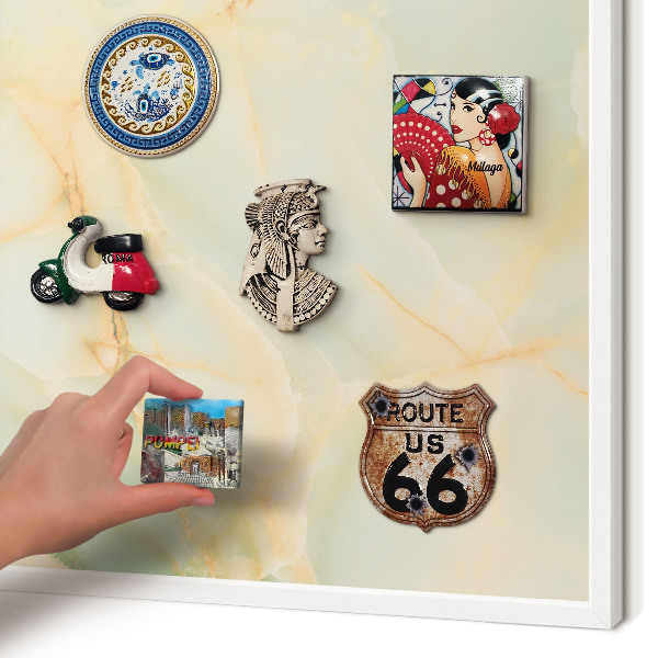 Magnetic board for travel magnets in a white frame Marble elegance