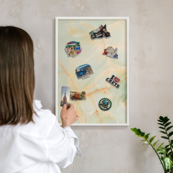 Magnetic board for travel magnets in a white frame Marble elegance