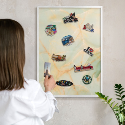 Magnetic board for travel magnets in a white frame Marble elegance
