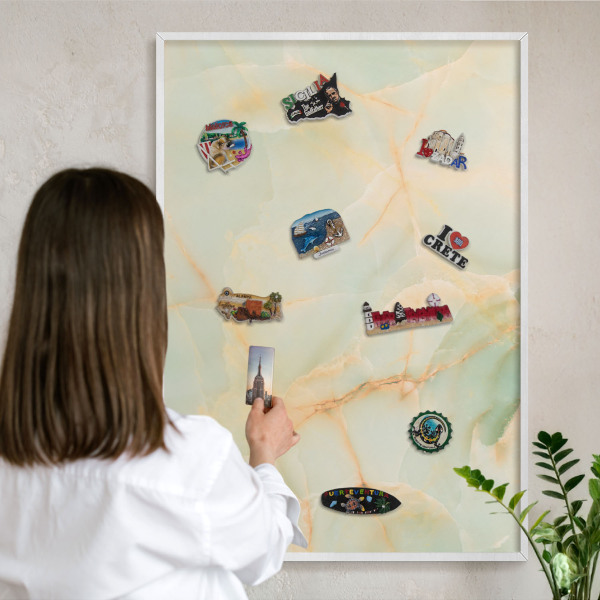 Magnetic board for travel magnets in a white frame Marble elegance