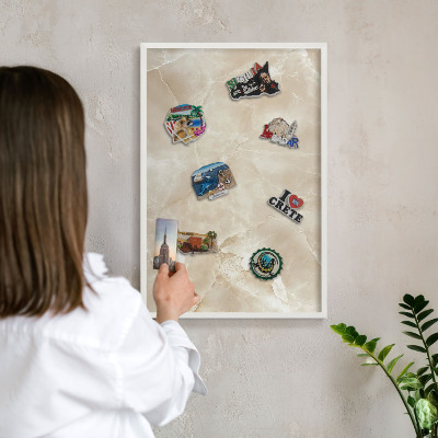 Magnetic board for travel magnets in a white frame Marble pattern
