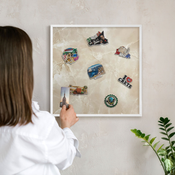 Magnetic board for travel magnets in a white frame Marble pattern