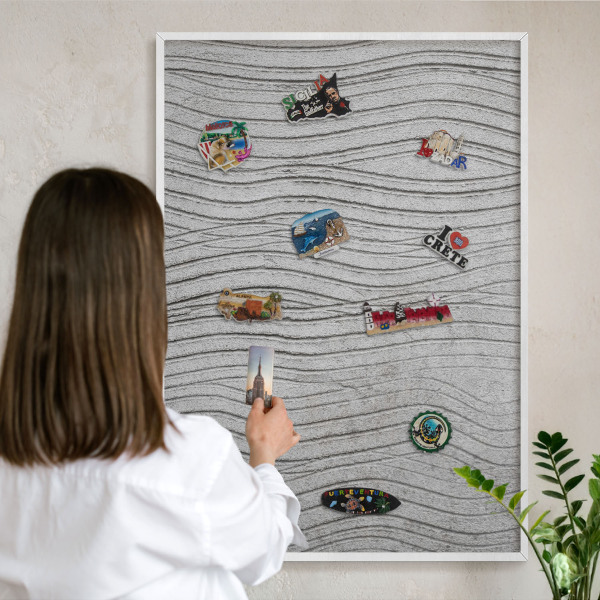 Magnetic board for travel magnets in a white frame Gray waves