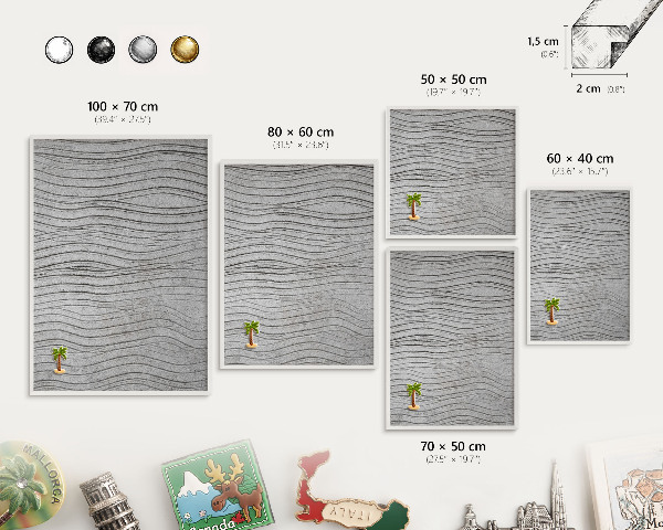 Magnetic board for travel magnets in a white frame Gray waves