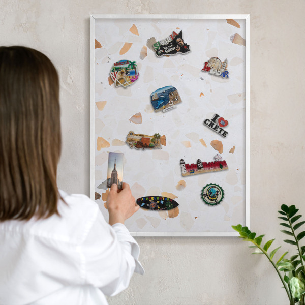 Magnetic board for travel magnets in a white frame Warm mosaic