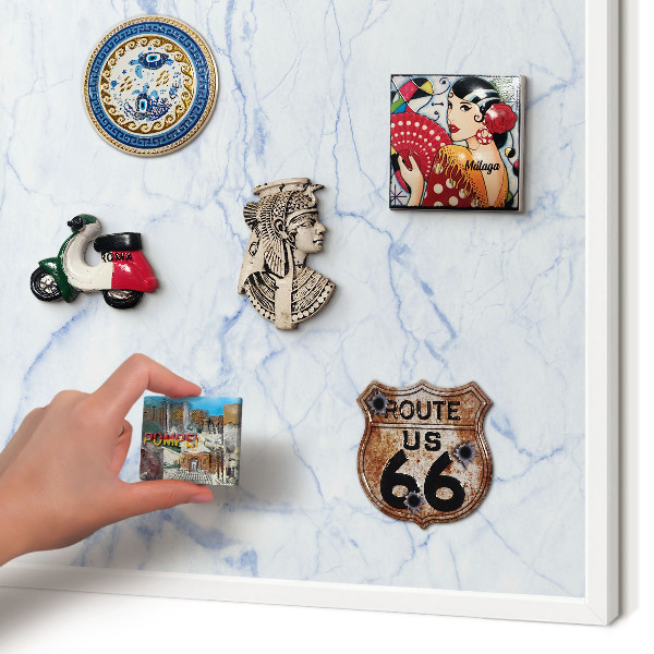 Magnetic board for travel magnets in a white frame Marble design