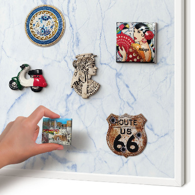 Magnetic board for travel magnets in a white frame Marble design