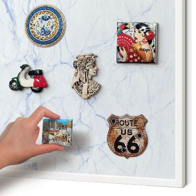 Magnetic board for travel magnets in a white frame Marble design