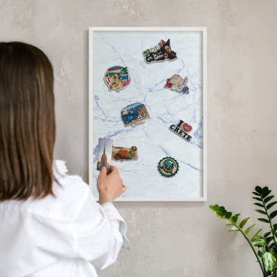 Magnetic board for travel magnets in a white frame Marble design