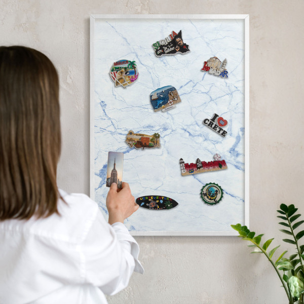 Magnetic board for travel magnets in a white frame Marble design