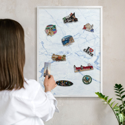 Magnetic board for travel magnets in a white frame Marble design