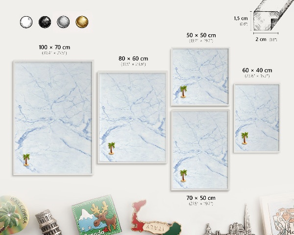 Magnetic board for travel magnets in a white frame Marble design