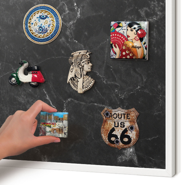 Magnetic board for travel magnets in a white frame Black marble