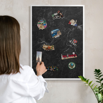 Magnetic board for travel magnets in a white frame Black marble