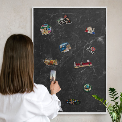 Magnetic board for travel magnets in a white frame Black marble