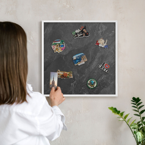 Magnetic board for travel magnets in a white frame Gray elegance