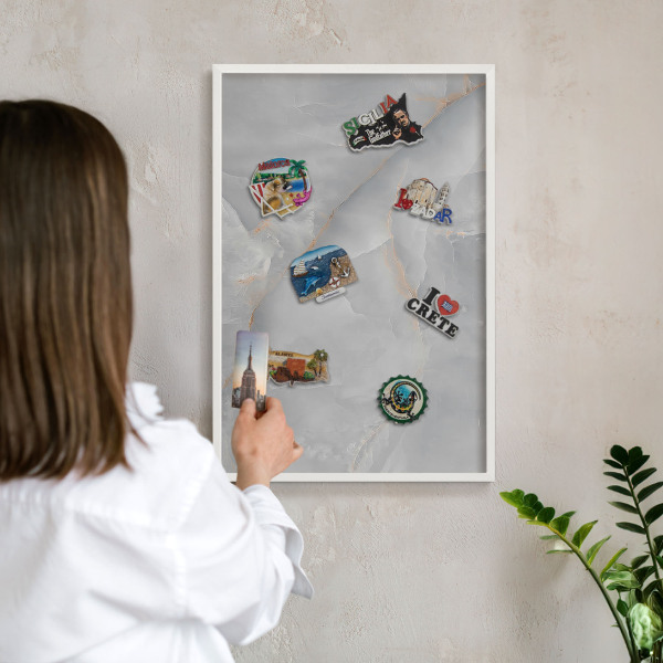 Decorative magnet board with a white frame Gray veins