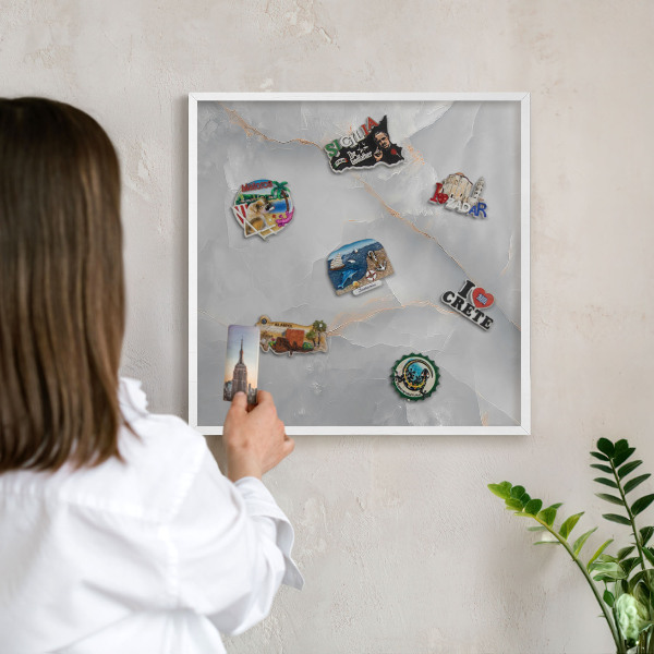 Decorative magnet board with a white frame Gray veins