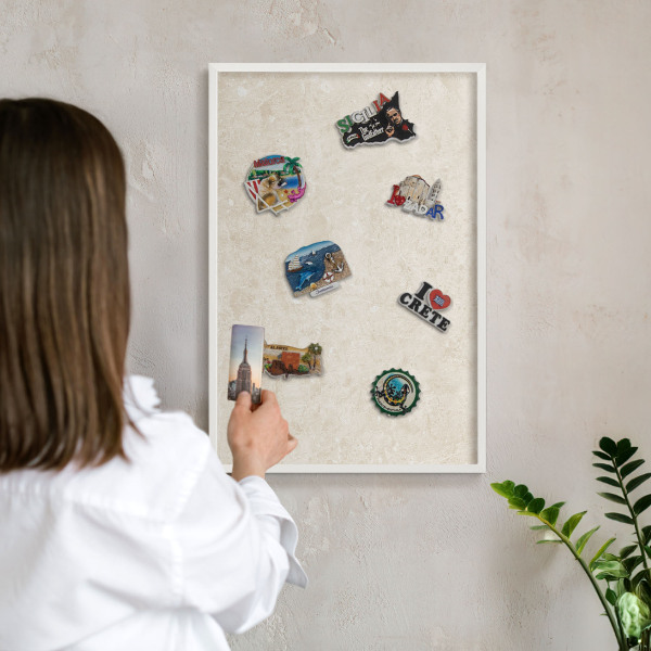 Magnetic board for travel magnets in a white frame Creamy elegance