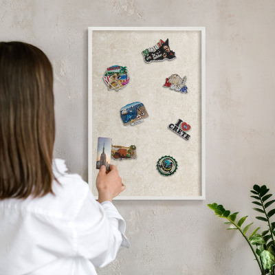 Magnetic board for travel magnets in a white frame Creamy elegance