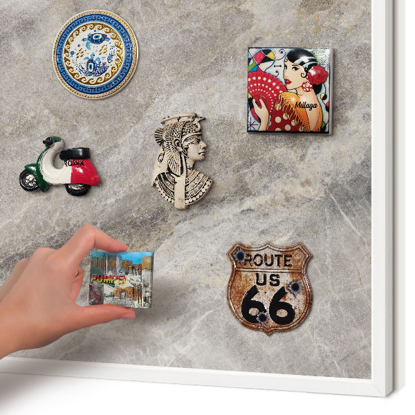 Magnetic board for travel magnets in a white frame Stone texture