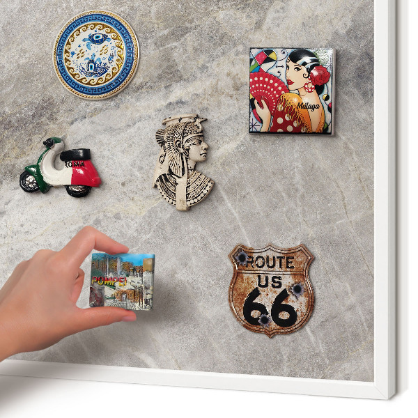 Magnetic board for travel magnets in a white frame Stone texture