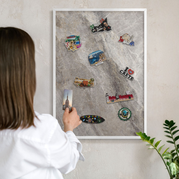 Magnetic board for travel magnets in a white frame Stone texture