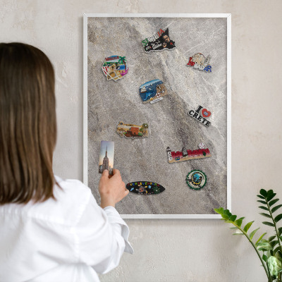 Magnetic board for travel magnets in a white frame Stone texture
