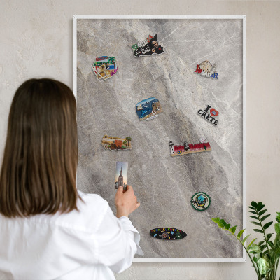 Magnetic board for travel magnets in a white frame Stone texture