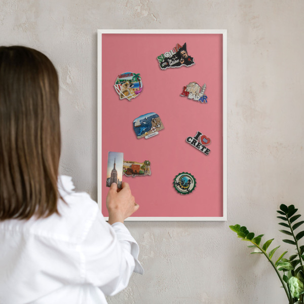 Magnetic board for travel magnets in a white frame Salmon color