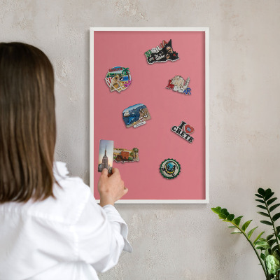 Magnetic board for travel magnets in a white frame Salmon color