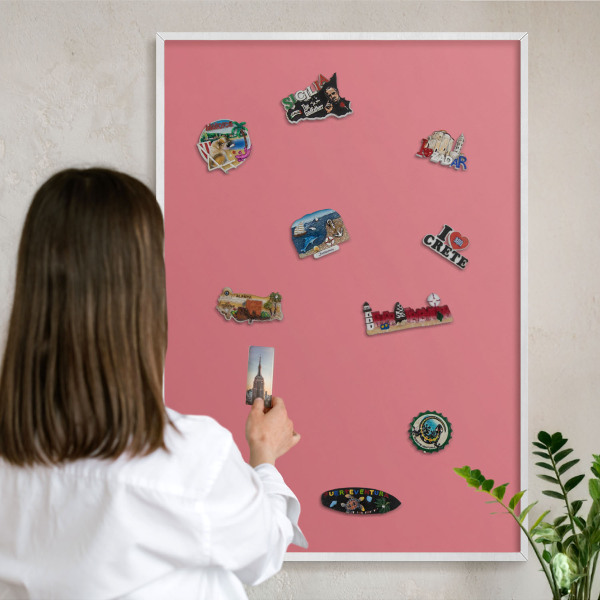 Magnetic board for travel magnets in a white frame Salmon color