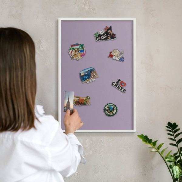 Magnetic board for travel magnets in a white frame Lilac purple