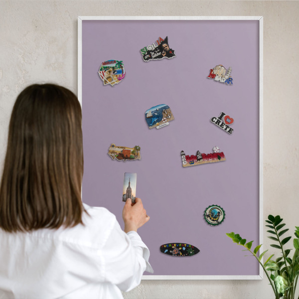 Magnetic board for travel magnets in a white frame Lilac purple