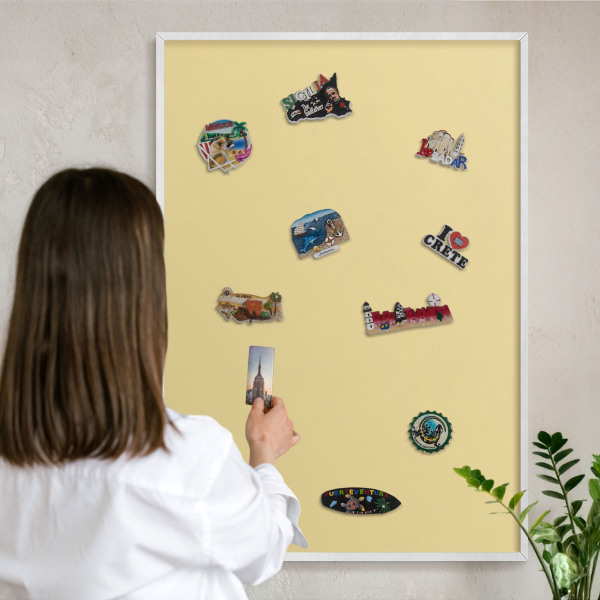 Magnetic board for travel magnets in a white frame Creamy yellow