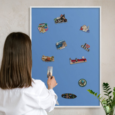 Magnetic board for travel magnets in a white frame Blue color