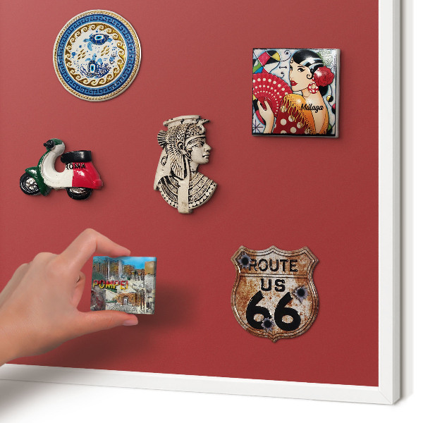 Magnetic board for travel magnets in a white frame Burgundy color