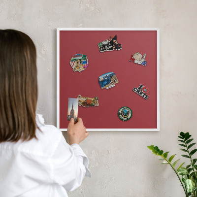 Magnetic board for travel magnets in a white frame Burgundy color