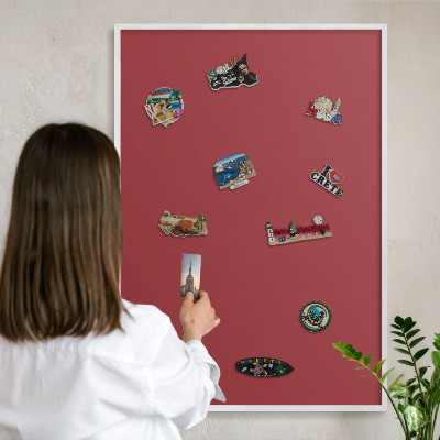 Magnetic board for travel magnets in a white frame Burgundy color