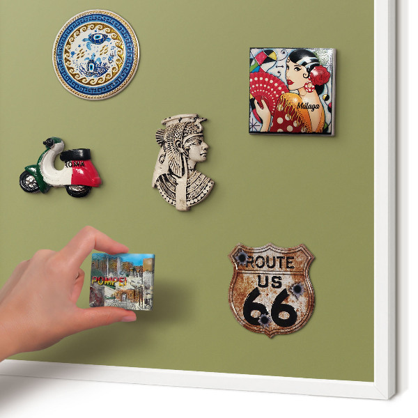 Magnetic board for travel magnets in a white frame Green grass