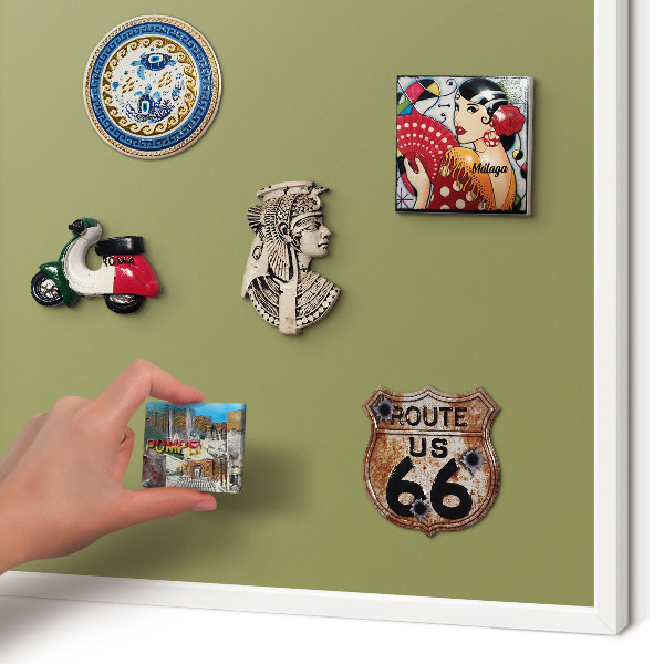 Magnetic board for travel magnets in a white frame Green grass