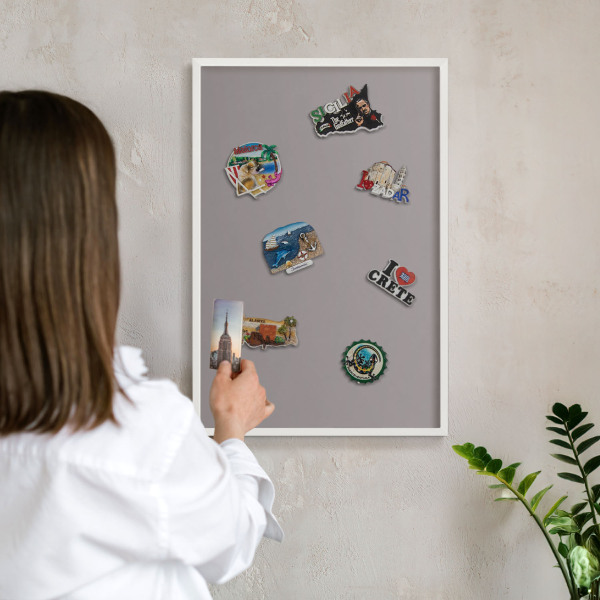 Magnetic board for travel magnets in a white frame Ash gray