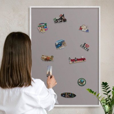 Magnetic board for travel magnets in a white frame Ash gray