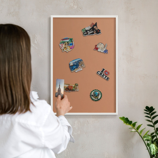 Magnetic board for travel magnets in a white frame Dull orange