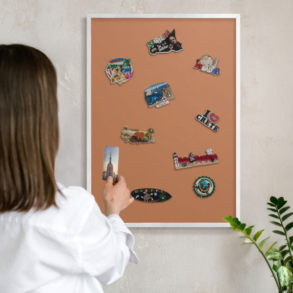 Magnetic board for travel magnets in a white frame Dull orange