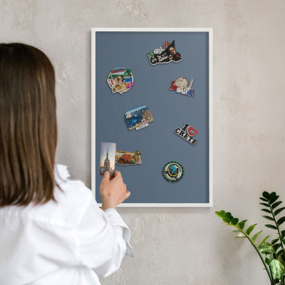 Magnetic board for travel magnets in a white frame Pastel navy blue