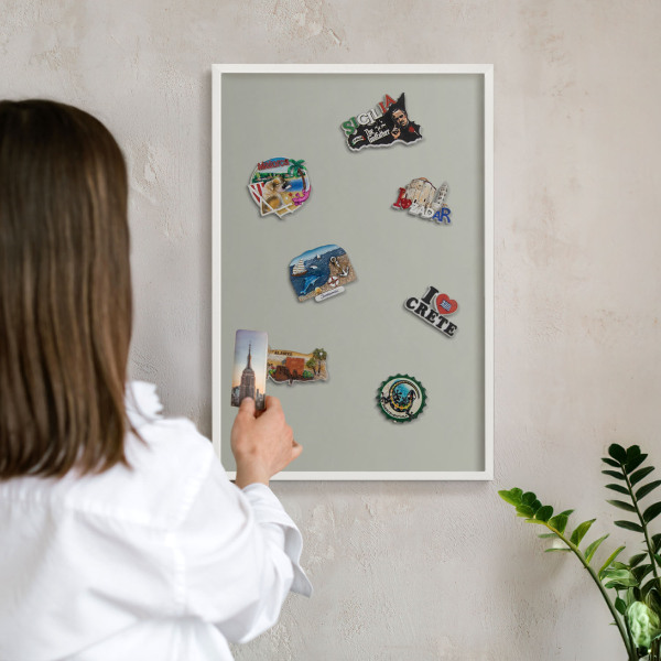 Magnetic board for travel magnets in a white frame Neutral gray